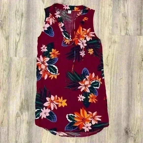 Old Navy Sleeveless Tie-Neck Mini Shift Dress Hawaiian Floral Viscose Size XS - Picture 1 of 6